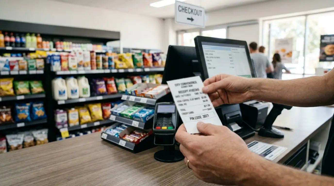 Customer receiving printed Paysafecard receipt at Australian convenience store counter