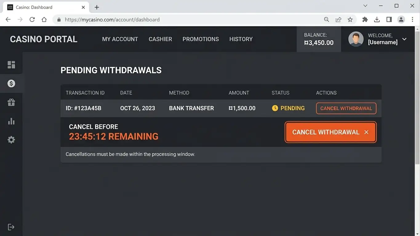 Pending withdrawal window with cancel button highlighted on casino dashboard interface