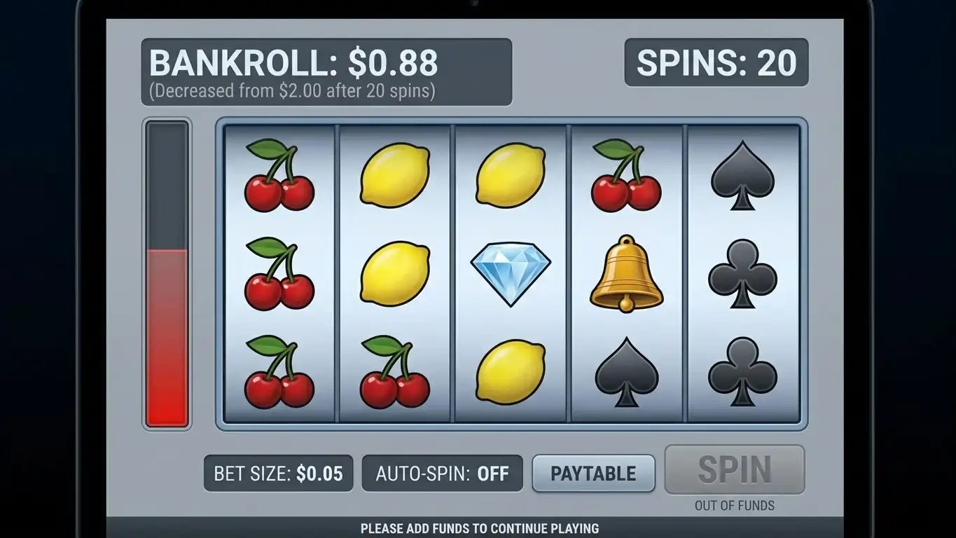 Pokie game screen showing spin counter and bankroll depleting over 20 spins