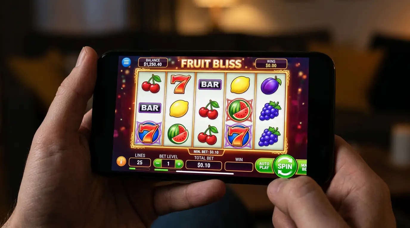 Pokie reels showing $0.10 minimum bet setting on mobile screen