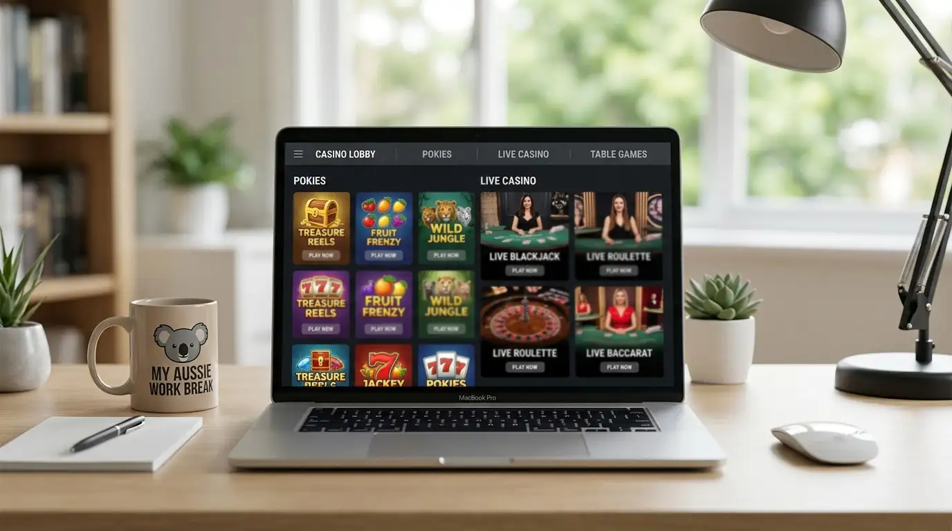 Laptop screen showing pokies and live casino game selection at offshore casino