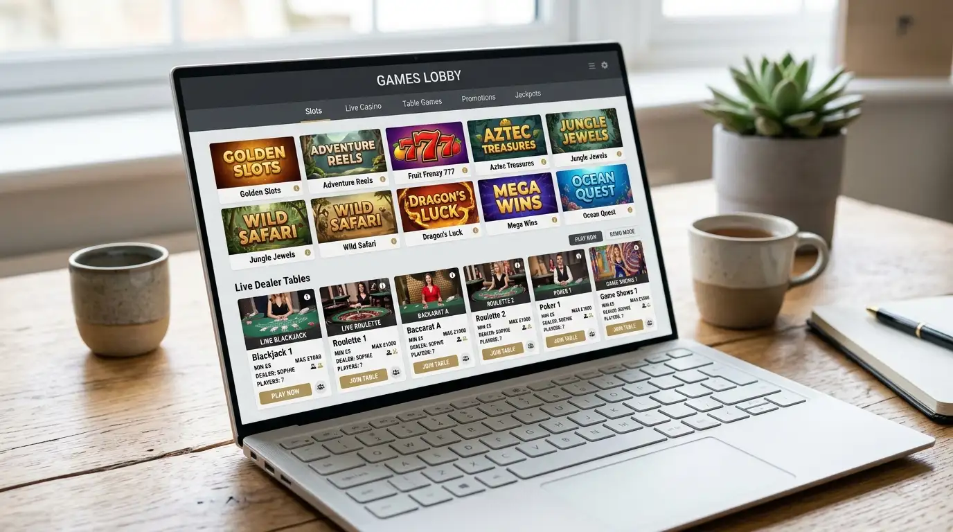 Laptop screen showing pokies library and live dealer tables at offshore casino