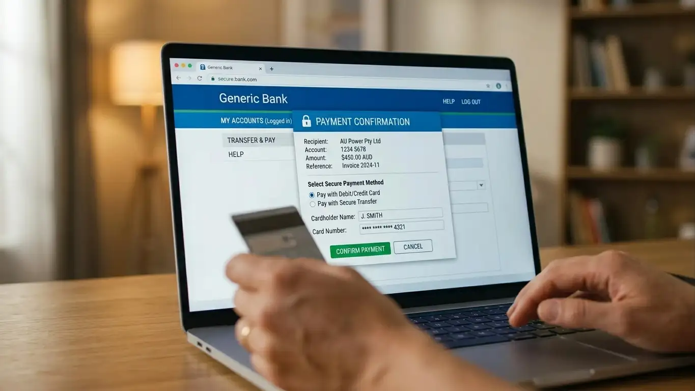 Laptop screen showing online banking interface with secure payment confirmation