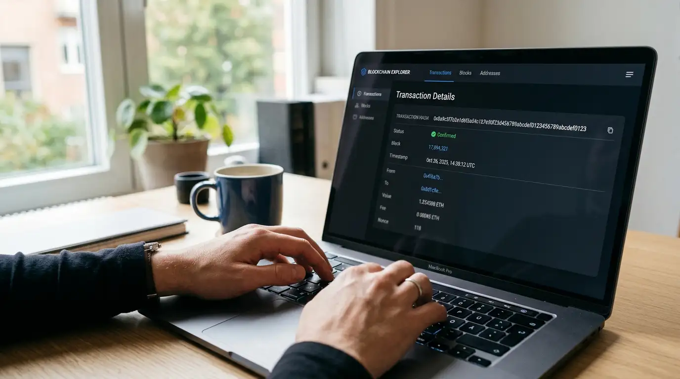Computer screen showing Etherscan blockchain verification interface with transaction hash