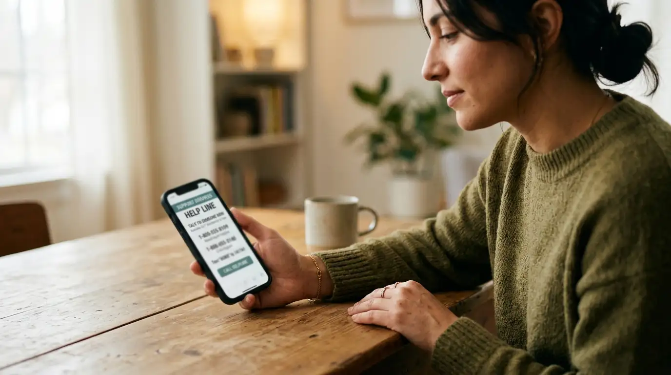 Person using smartphone with responsible gambling help line information displayed