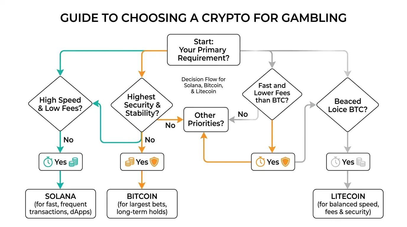 Decision tree flowchart showing when to choose Solana versus Bitcoin or Litecoin for gambling