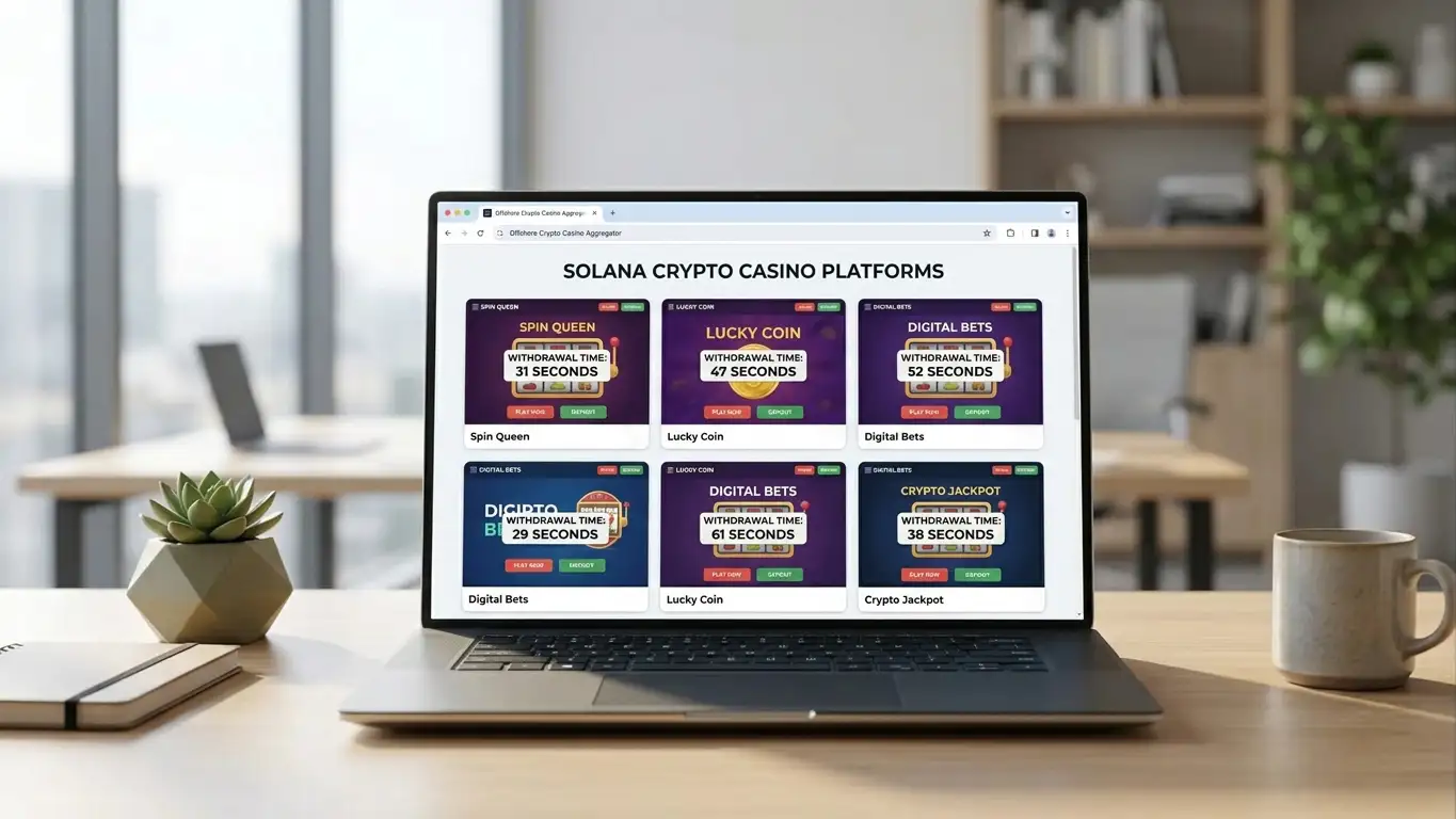 Six offshore Solana casino platforms displayed on laptop screen with withdrawal time data