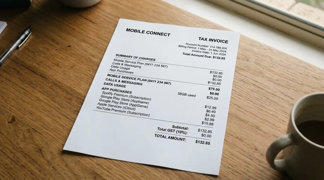Mobile phone bill statement with no gambling charges visible