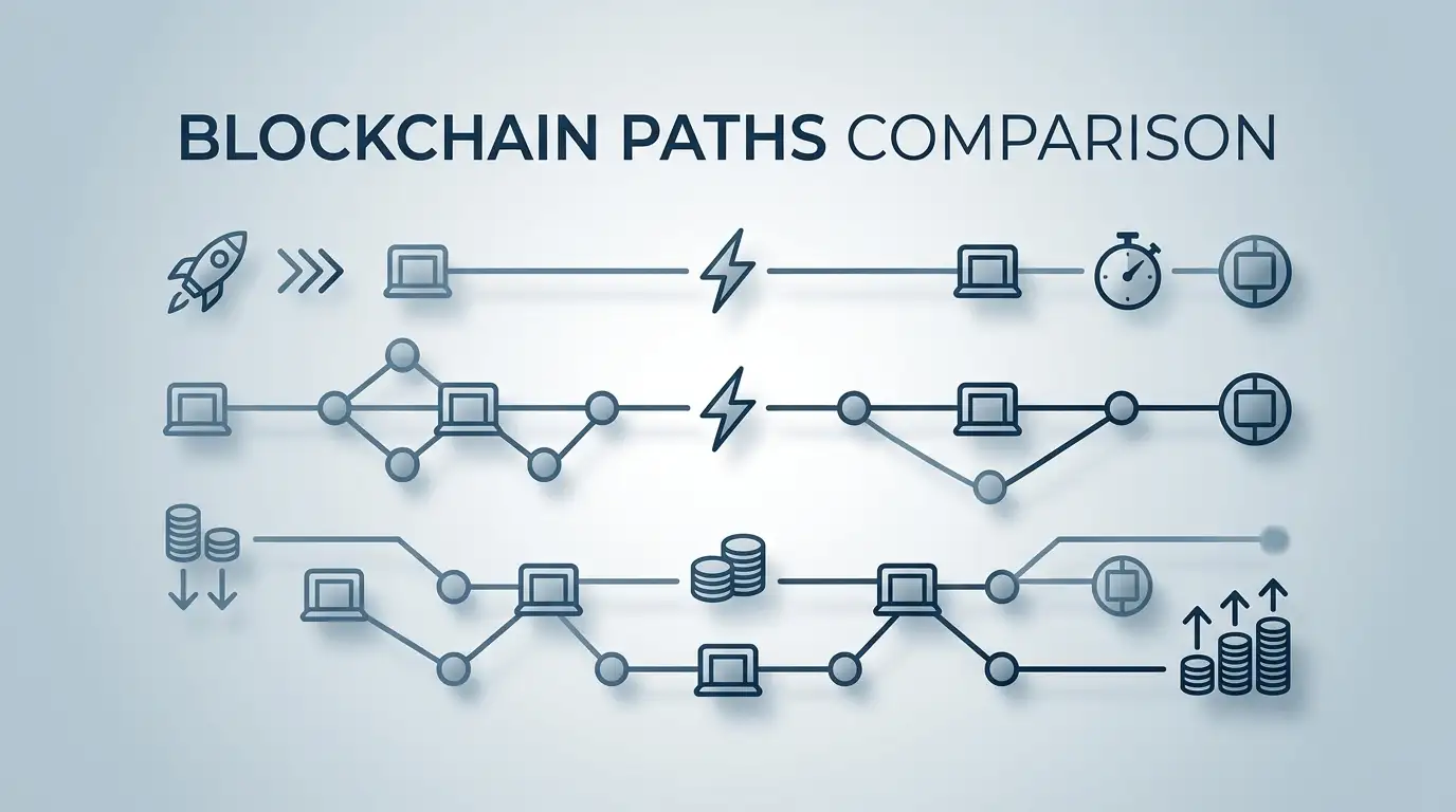 Diagram showing three blockchain network paths with speed and cost comparison