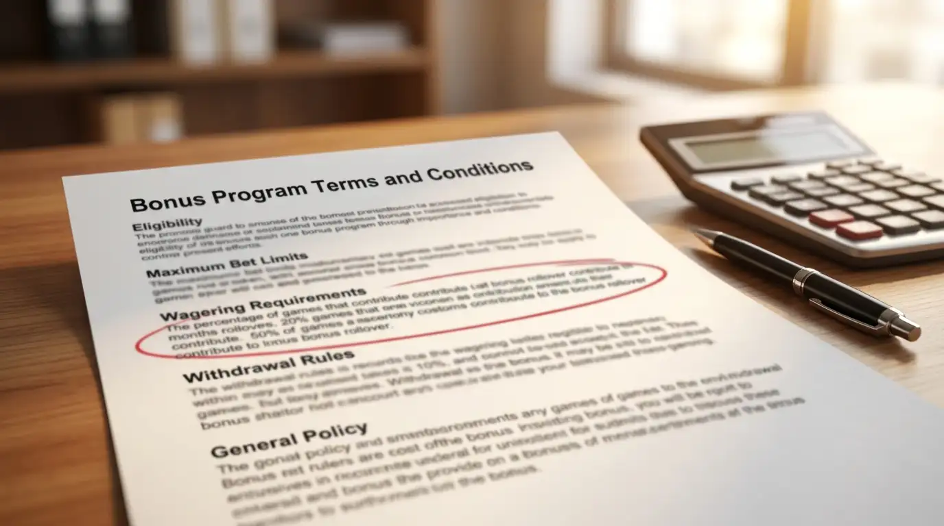 Document showing bonus terms with wagering requirement calculation circled