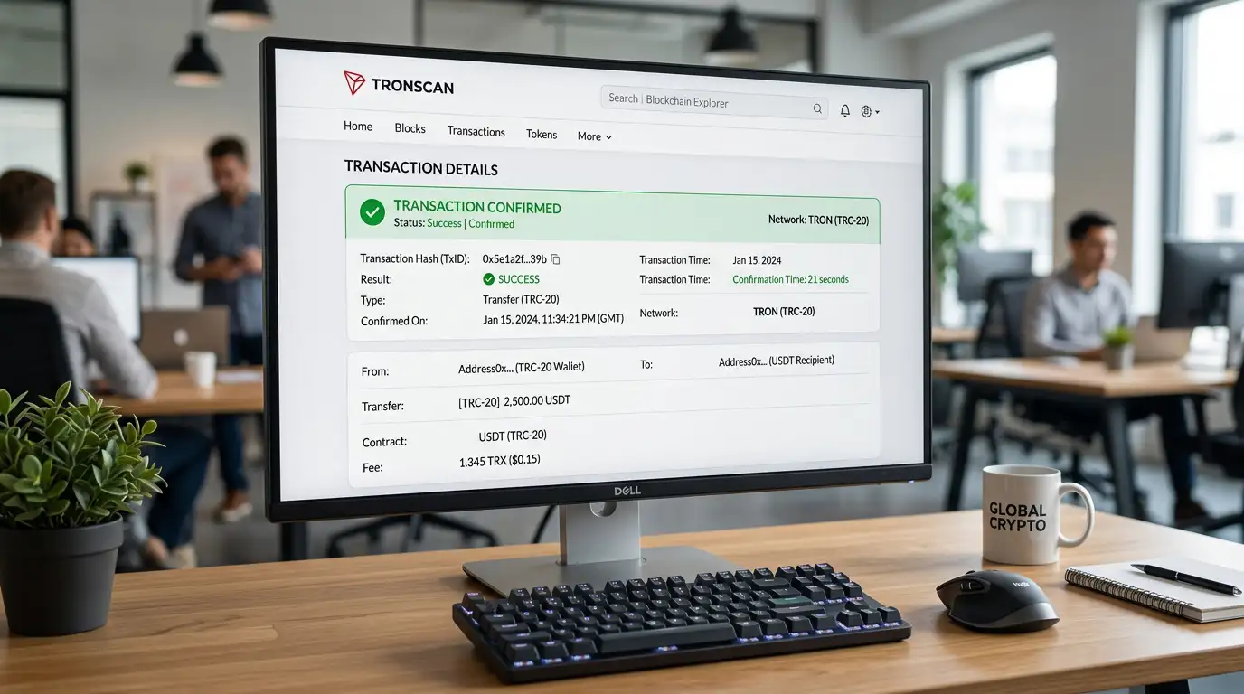USDT TRC-20 transaction confirming in under 60 seconds on blockchain explorer