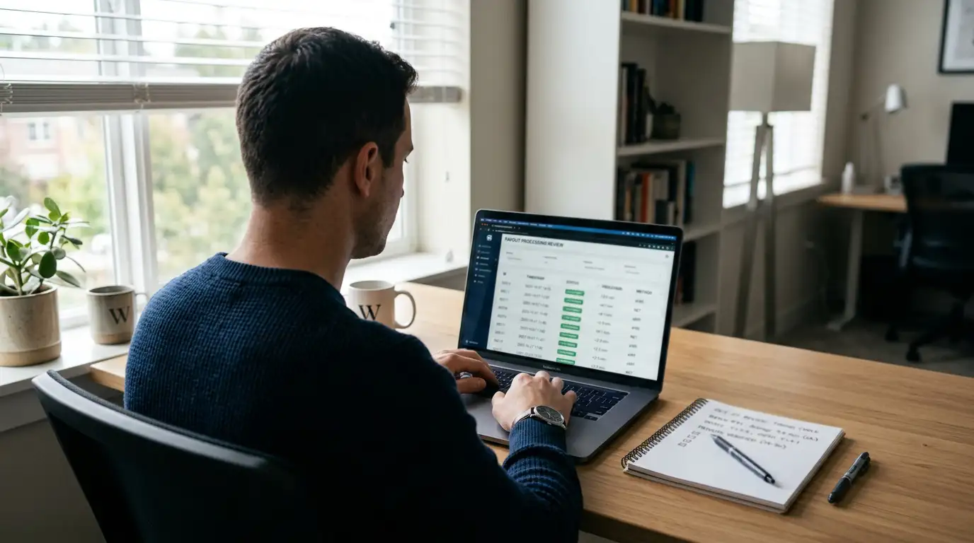 Person reviewing casino withdrawal testing data with verified payout times on laptop