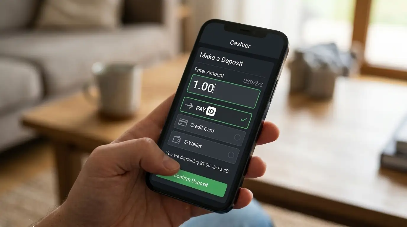 Smartphone displaying online casino cashier page with PayID deposit amount field set to one dollar