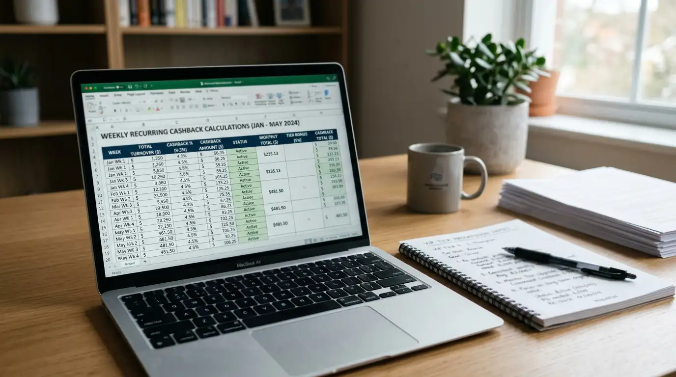 VIP loyalty program cashback calculation showing recurring weekly returns