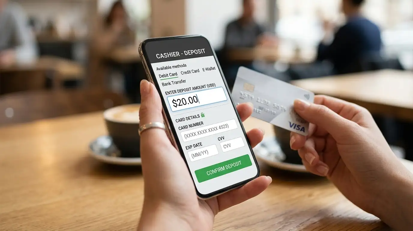 Person depositing at online casino using Visa debit card on mobile device