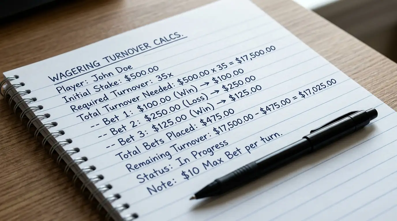 Notepad with wagering requirement calculation showing turnover math