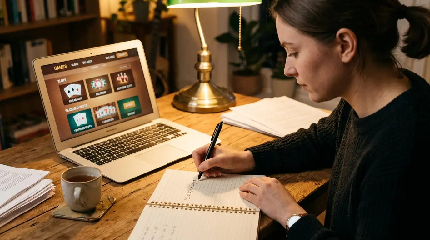Person at desk with notepad showing handwritten calculation 10 × 40 = 400
