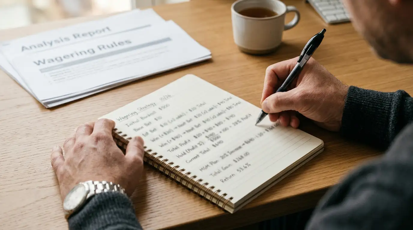 Person calculating expected value of casino bonus on notepad
