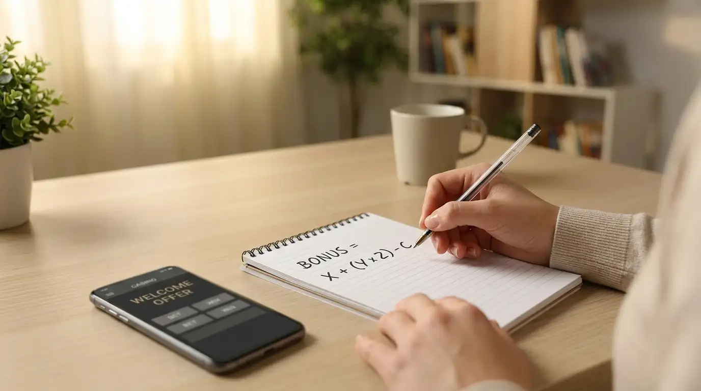 Person calculating wagering requirements with notepad showing bonus math breakdown