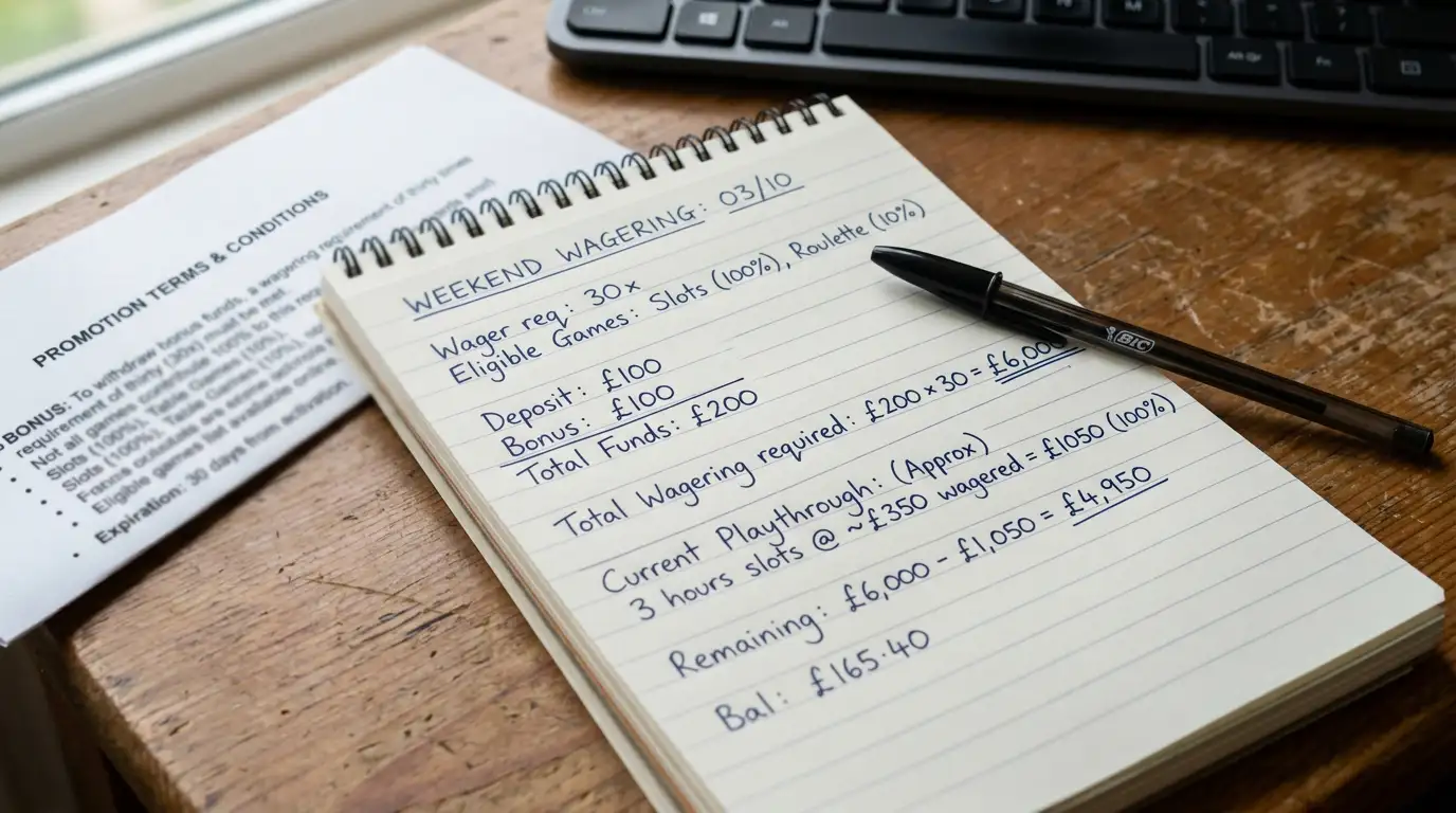 Notepad showing wagering calculation with casino bonus terms and playthrough requirements