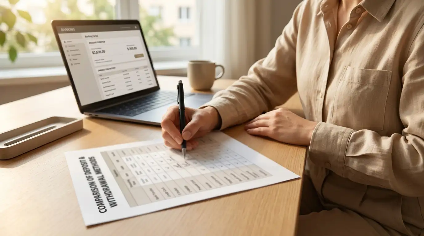 Person reviewing deposit and withdrawal comparison matrix document at desk
