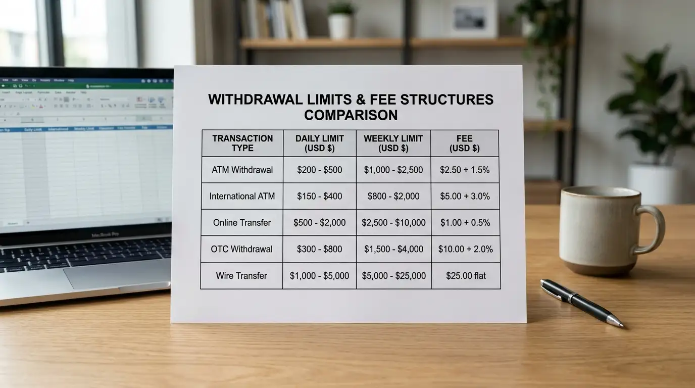 Withdrawal limits and fees table showing minimum and maximum amounts for PayID, crypto, and eWallet methods