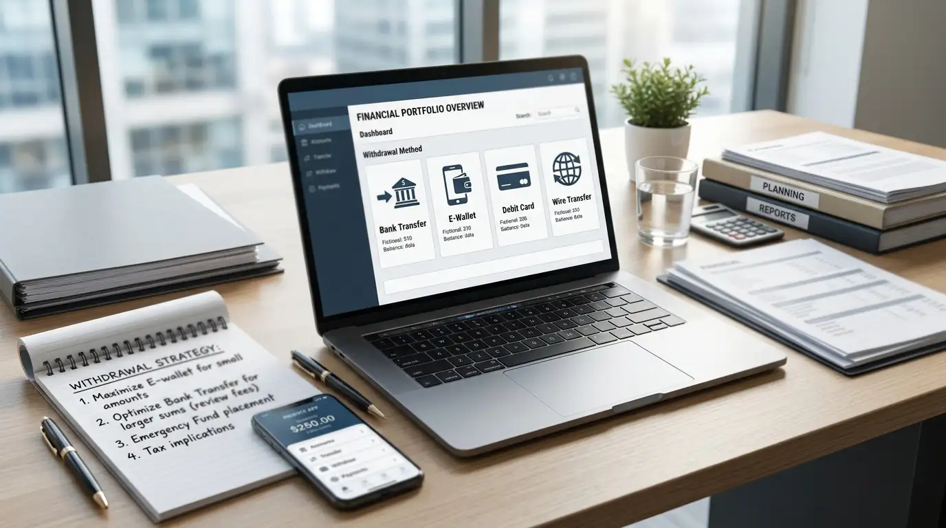 Financial planning scene showing multiple withdrawal method options on laptop screen