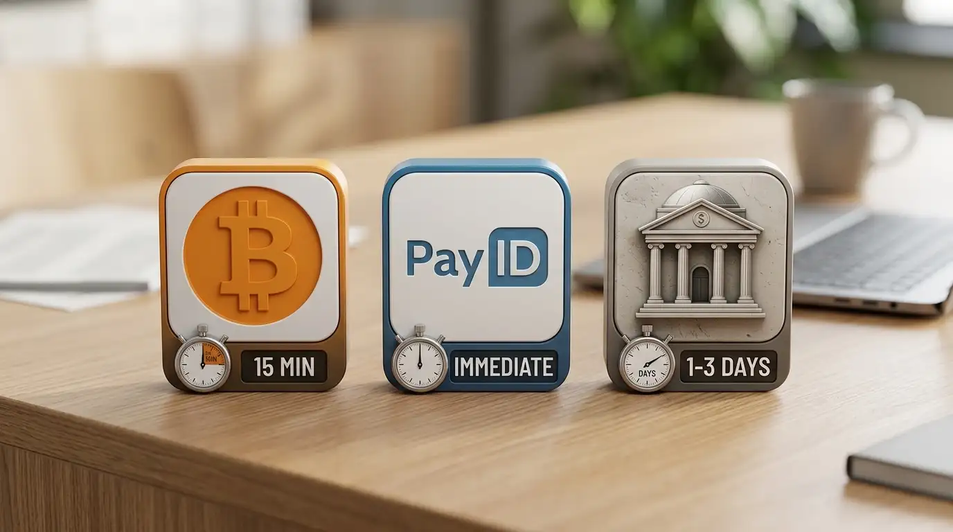Comparison of payment method withdrawal speeds crypto PayID eWallet bank transfer