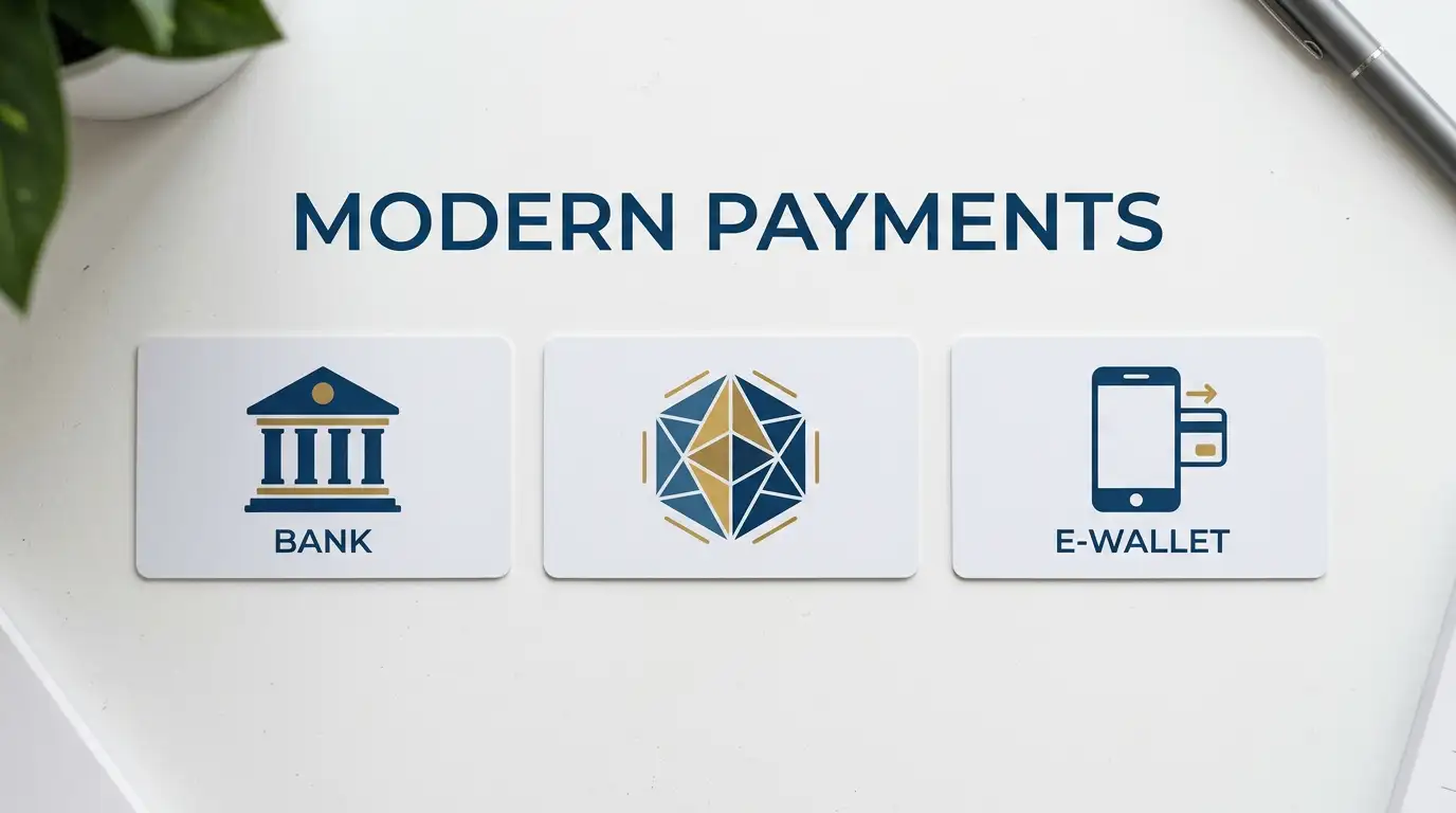 Bank transfer, e-wallet, and cryptocurrency withdrawal method symbols