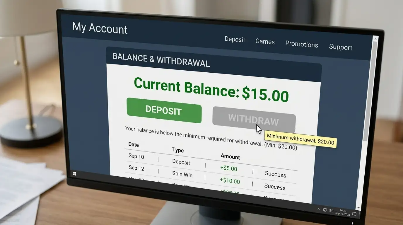 Casino account balance screen showing fifteen dollars with greyed-out withdrawal button and minimum threshold message