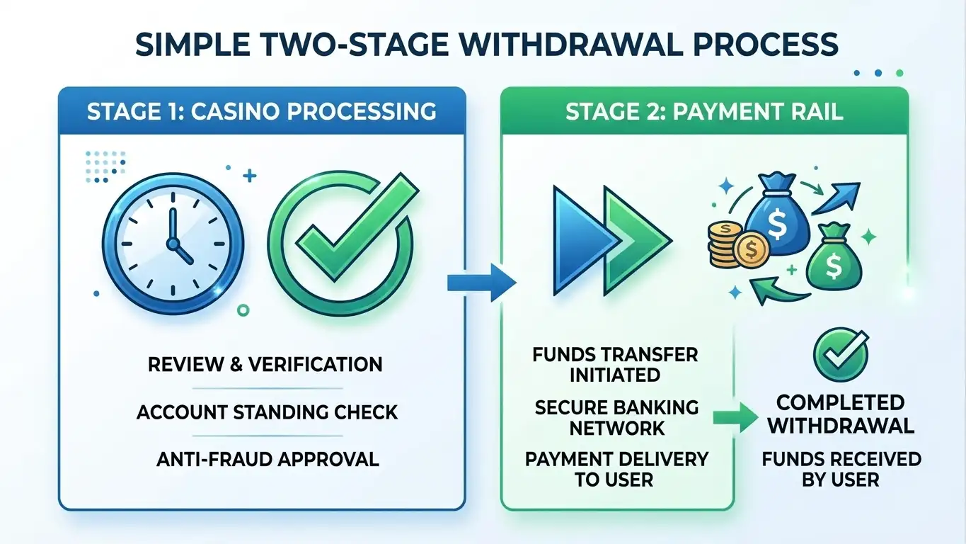 Diagram showing two-stage withdrawal process with casino processing and payment rail timeline