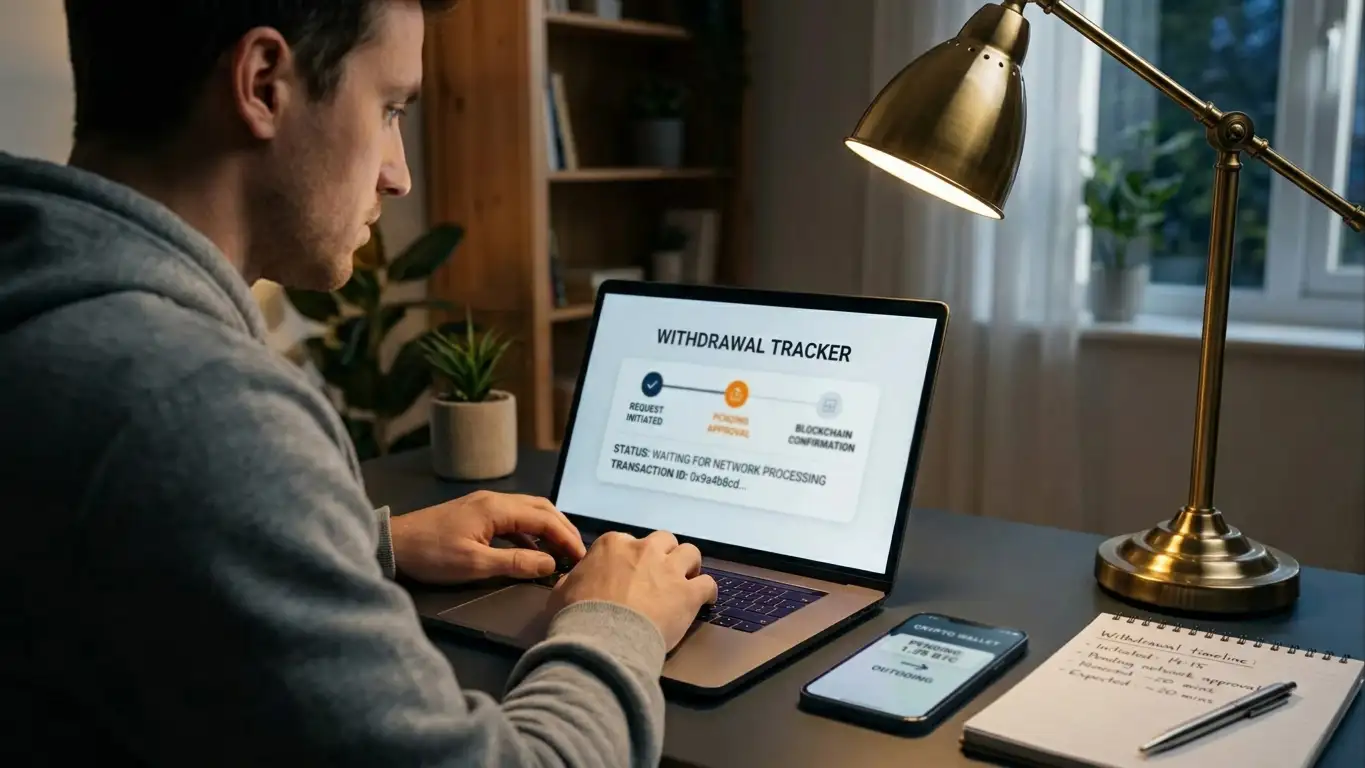 Person at desk tracking withdrawal timeline from pending to blockchain confirmation