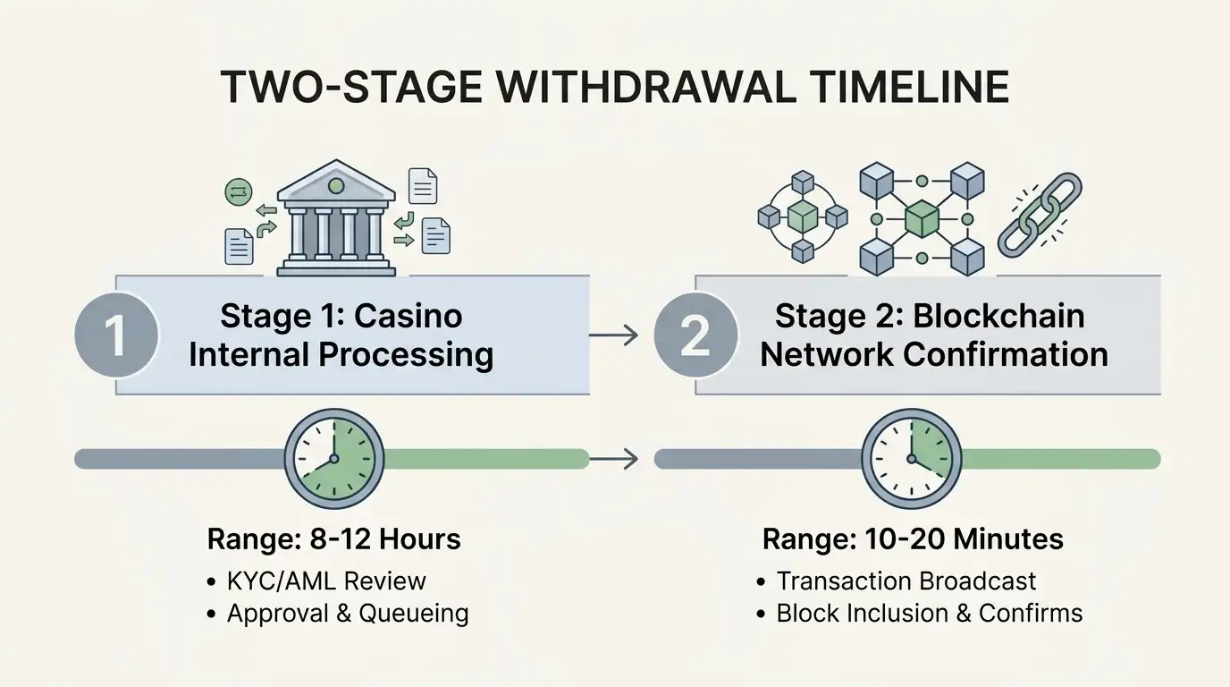 Two-stage withdrawal timeline diagram showing casino processing time and blockchain confirmation separately