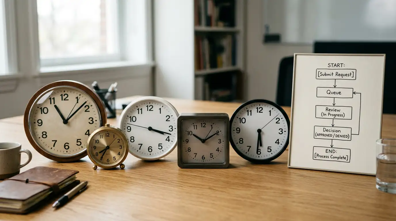Clock faces showing different times alongside approval queue diagram